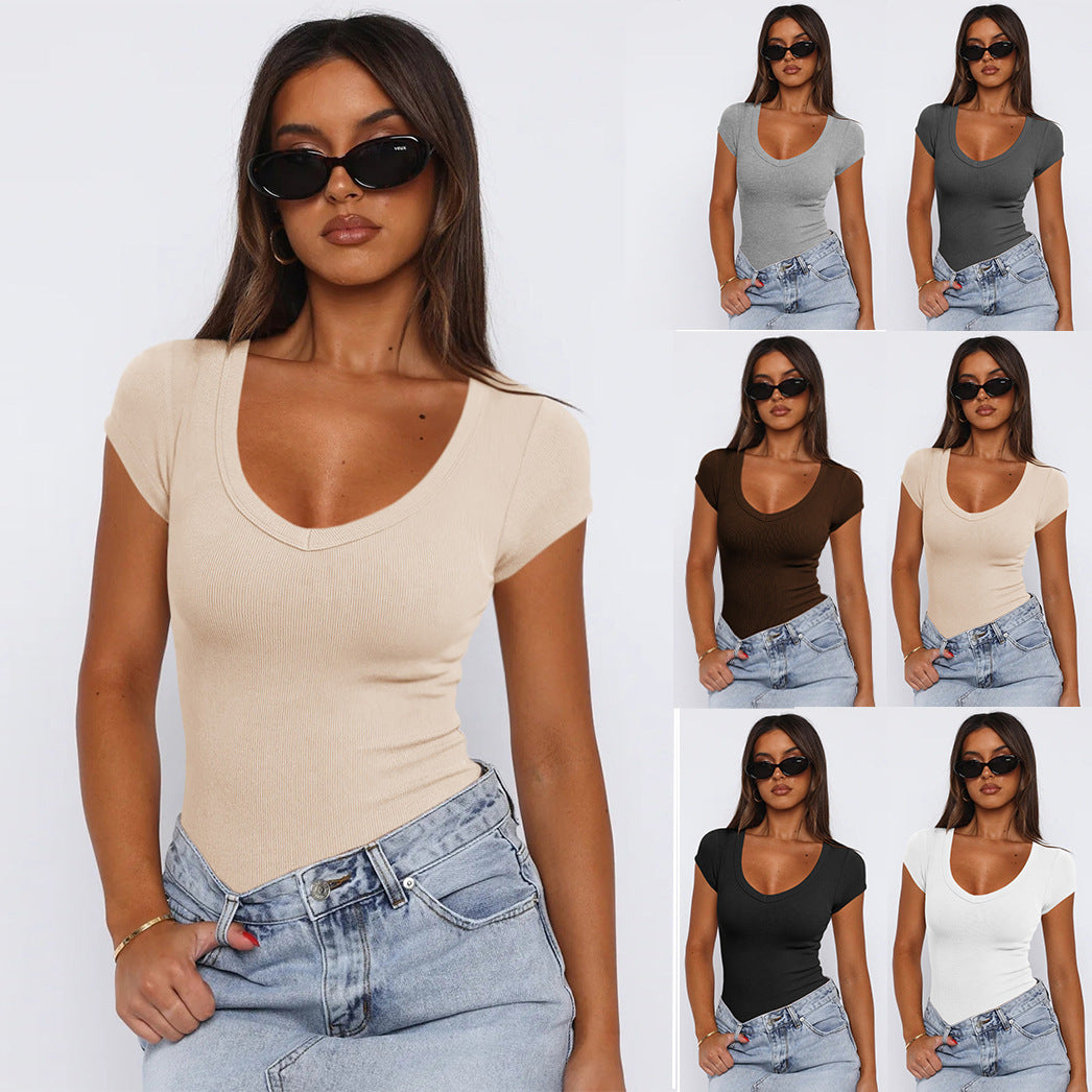 Womens Ribbed Pullover Solid Color Versatile And Stylish Short Sleeves