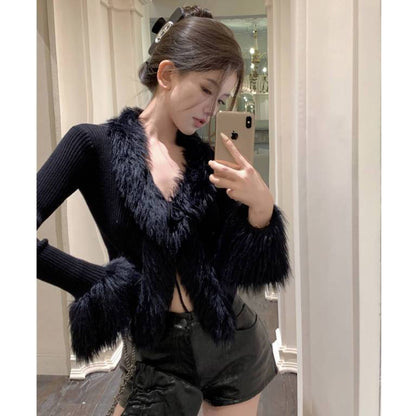 Pure Desire V-neck Stitching Bell Sleeve Slim Slimming And Simple Sweater