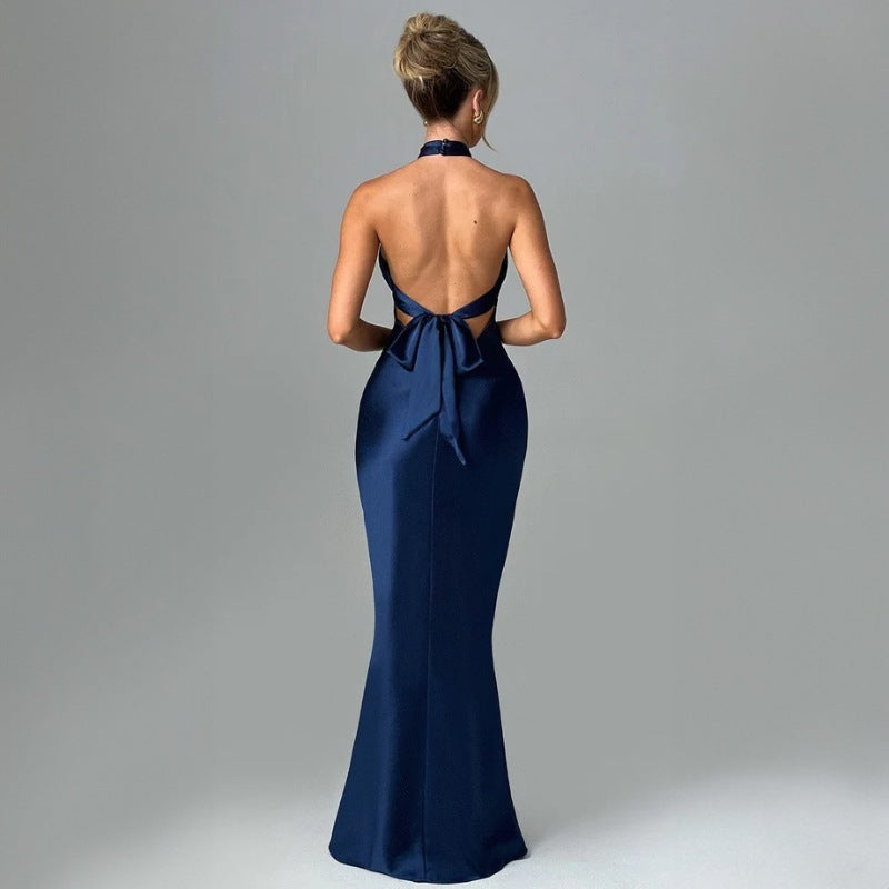 Robe élégante sans manches dos nu à la mode estivale tissu satinde couleur unie,  simplement magique robe longue.