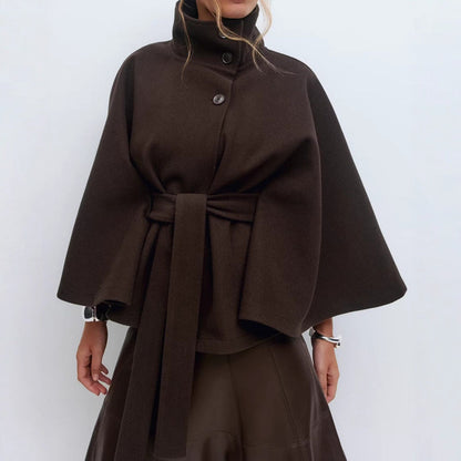 Manteau d'hiver à col montant et manches chauve-souris avec ceinture, trench-coat ample et élégant à boutons pour femme très chic