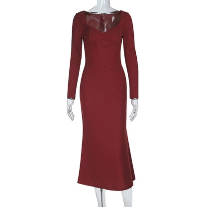 Waist-cinching Long-sleeved Dress Solid Color Slim Fit