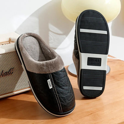 PU Leather Big Sizes Slippers Indoor Waterproof Fur Flat
