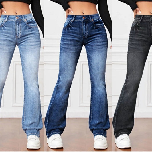 Pantalon bootcut ample et amincissant en denim taille haute moyenne. Patte Semi étroite