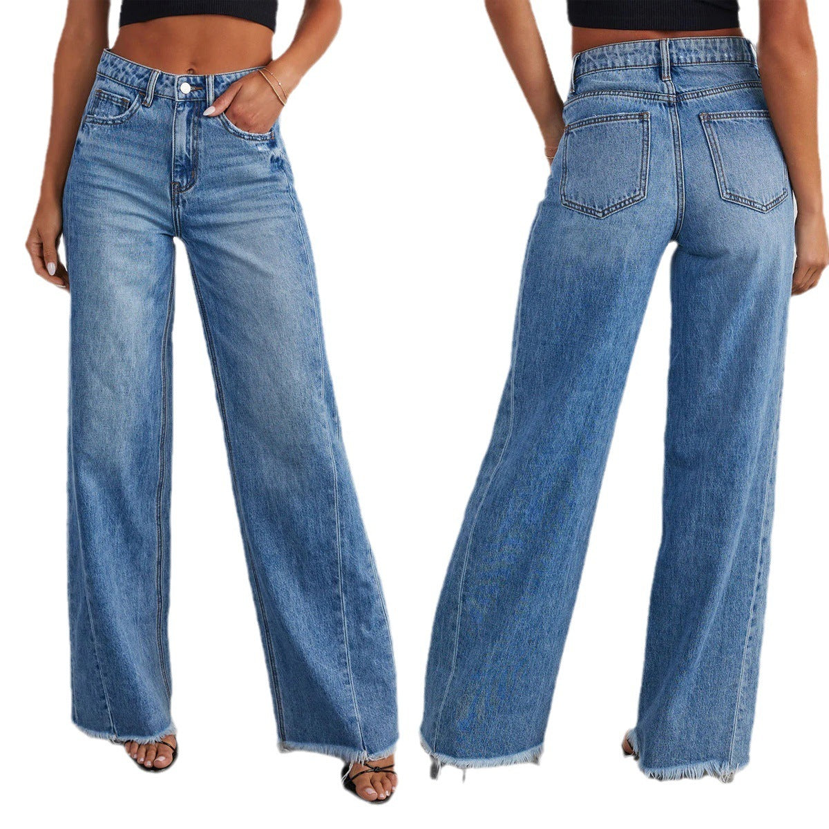 Jean ample à jambes larges pour femme avec coutures latérales et ourlet effiloché. Très beau jean pour vous mesdames