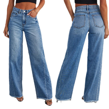 Jean ample à jambes larges pour femme avec coutures latérales et ourlet effiloché. Très beau jean pour vous mesdames