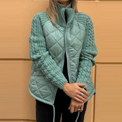 Veste en coton à col montant avec poches, manteau tendance en tricot avec fermeture éclair, hauts chauds d'hiver pour femmes