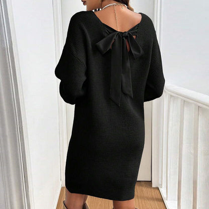Loose Knitted V-neck Bow Long Sleeve All-matching Pullover Woolen Skirt