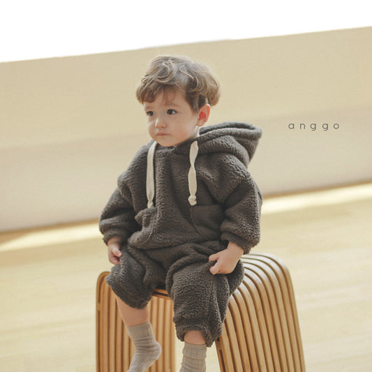 Combinaison en peluche douce pour enfants garçons et filles, pull à capuche chaud et épais, pantalon deux pièces