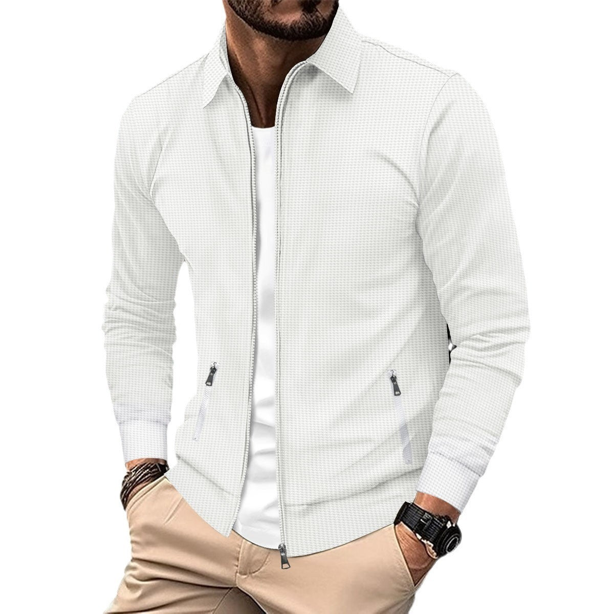 Cardigan gaufré à revers et poches zippées pour homme, coupe ajustée, printemps et automne