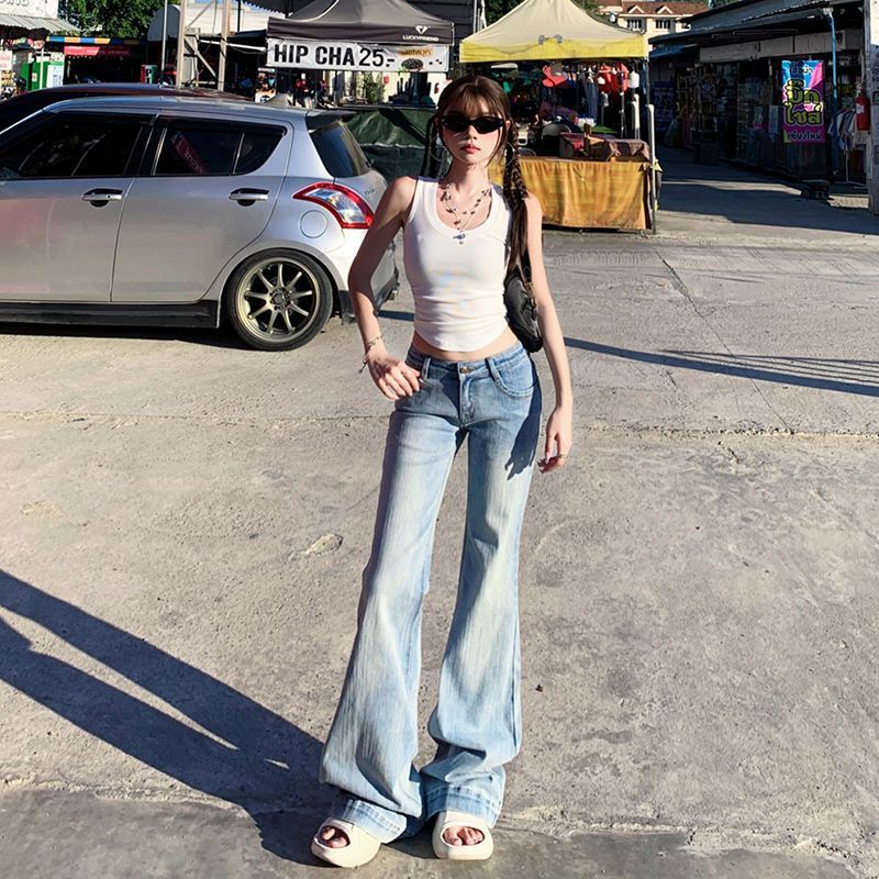 Pantalon taille basse style rétro américain à pattes d'éléphant, coupe slim, amincissant, extensible.