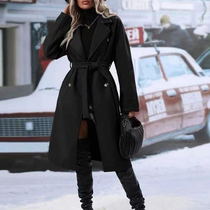 Trench-coat croisé à revers avec ceinture, mode hiver, veste longue couleur unie, vêtements d'extérieur pour femmes