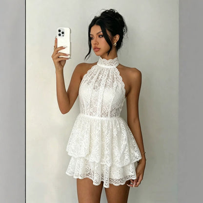 Lace Backless Halter Short Dress