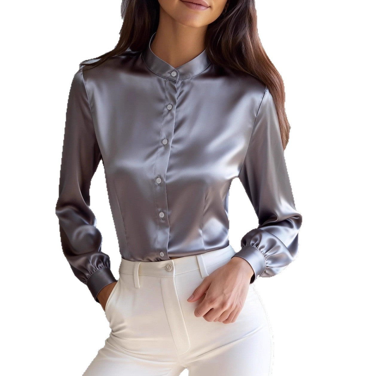 Autumn Solid Color Temperament Commuter Stand Collar Button Long Sleeve Shirt