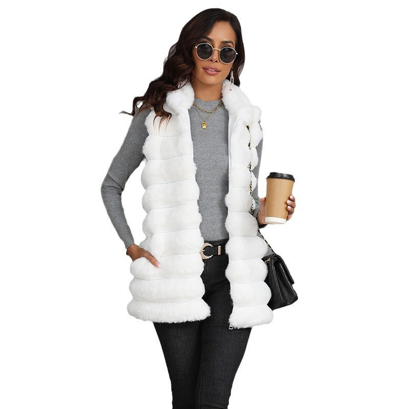 Gilet mi-long en fausse fourrure pour femme, nouvelle collection automne-hiver