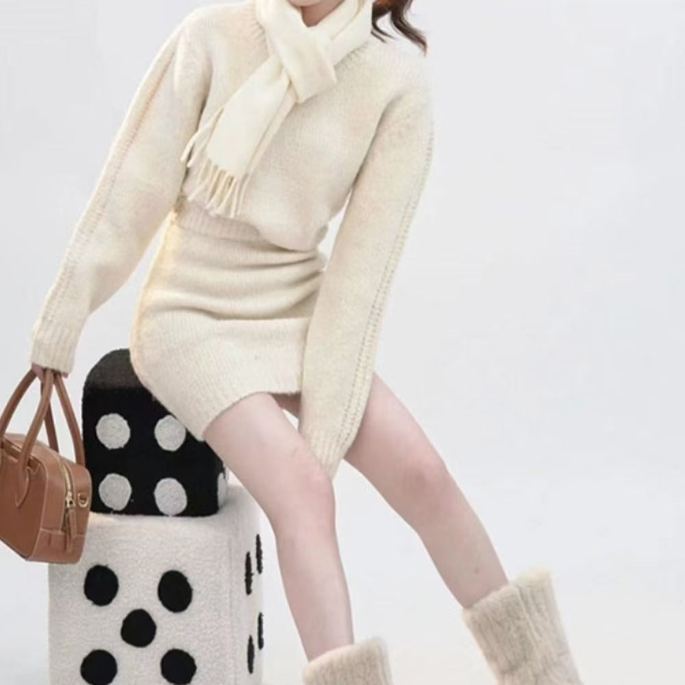 Crewneck Longsleeve Solidcolor Sweater And Pencil Skirt Set