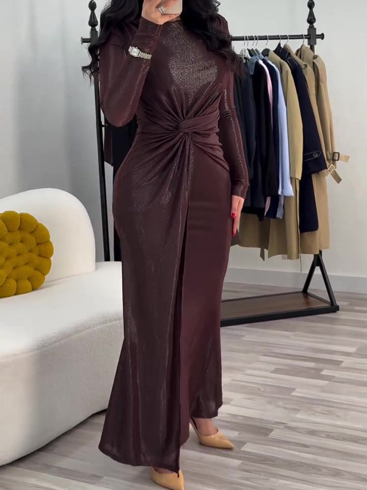 Metallic Maxi Dress With Twist Front Detail And Long Sleeves