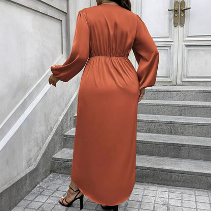 New Solid Color Long Sleeve V-neck Plus Size Women's Dress