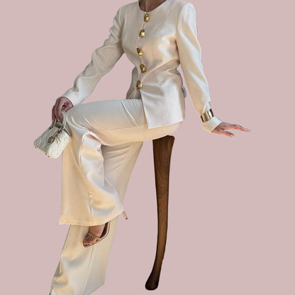 Women's White Top Straight Loose Trousers Suit