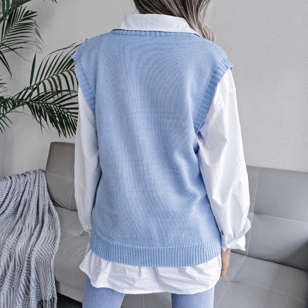 European And American Hollowed Out Twist V-neck Knitted Vest Sweater