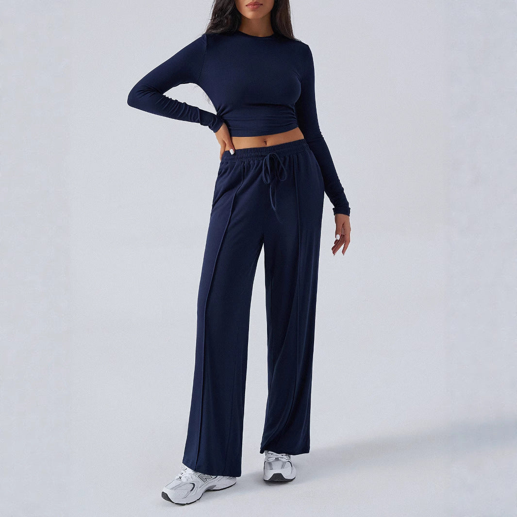 Pantalon décontracté à jambes larges et taille haute, couleur unie, moulant, tendance