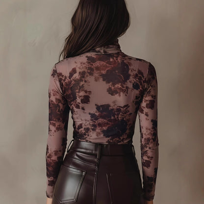 Retro Floral Print High-Neck Mesh Long-Sleeve Slim-Fit Base Top
