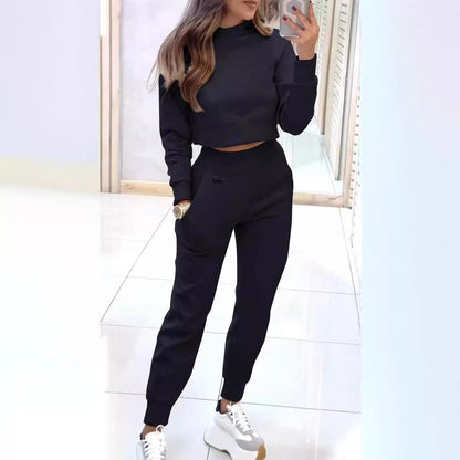 Ensemble de sport à col montant, pull tendance, manches longues, haut court et pantalon slim avec poches, tenues unies, vêtements pour femmes