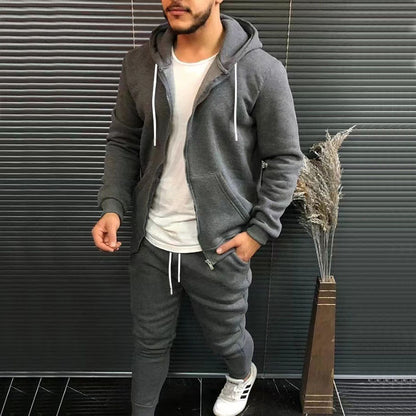 Mens Fashion Solid-Color Casual Hooded Cardigan Set