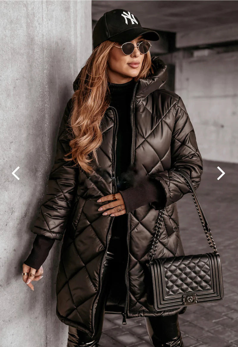 Veste d'hiver mi-longue à capuche en coton rembourré pour femme