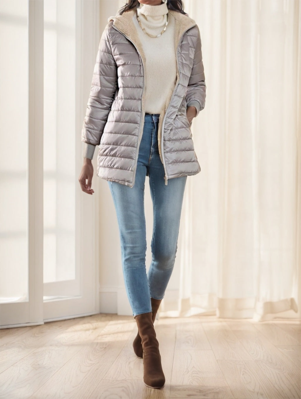 Manteau matelassé à capuche en polaire de couleur unie, style décontracté et polyvalent, Aveloria Modichic