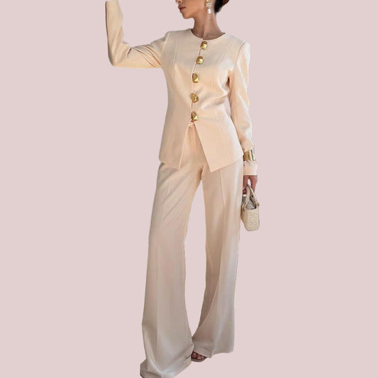 Women's White Top Straight Loose Trousers Suit