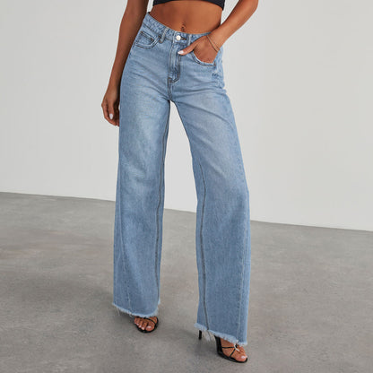 Jean taille haute tendance avec poches, coupe slim confortable, pantalon droit et large, vêtements pour femmes