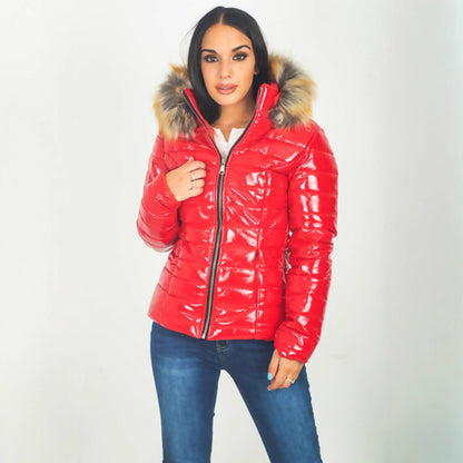 Womens Cropped Puffer Coat With A Large Fur Collar