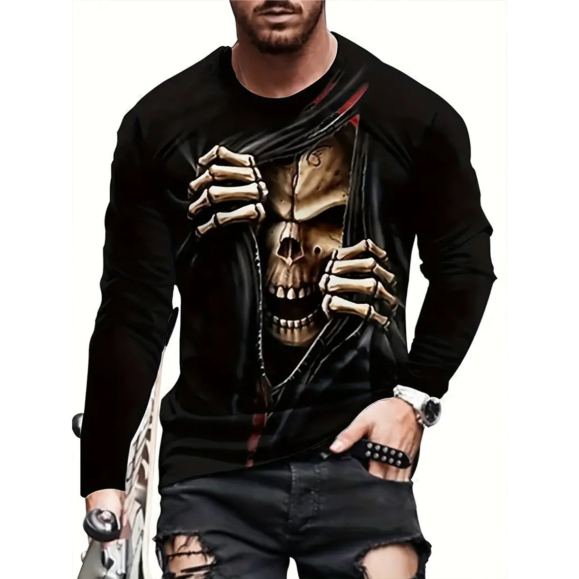 T-shirt rétro pour homme, imprimé 3D, style hip-hop, ample, col ras du cou, décontracté, manches longues