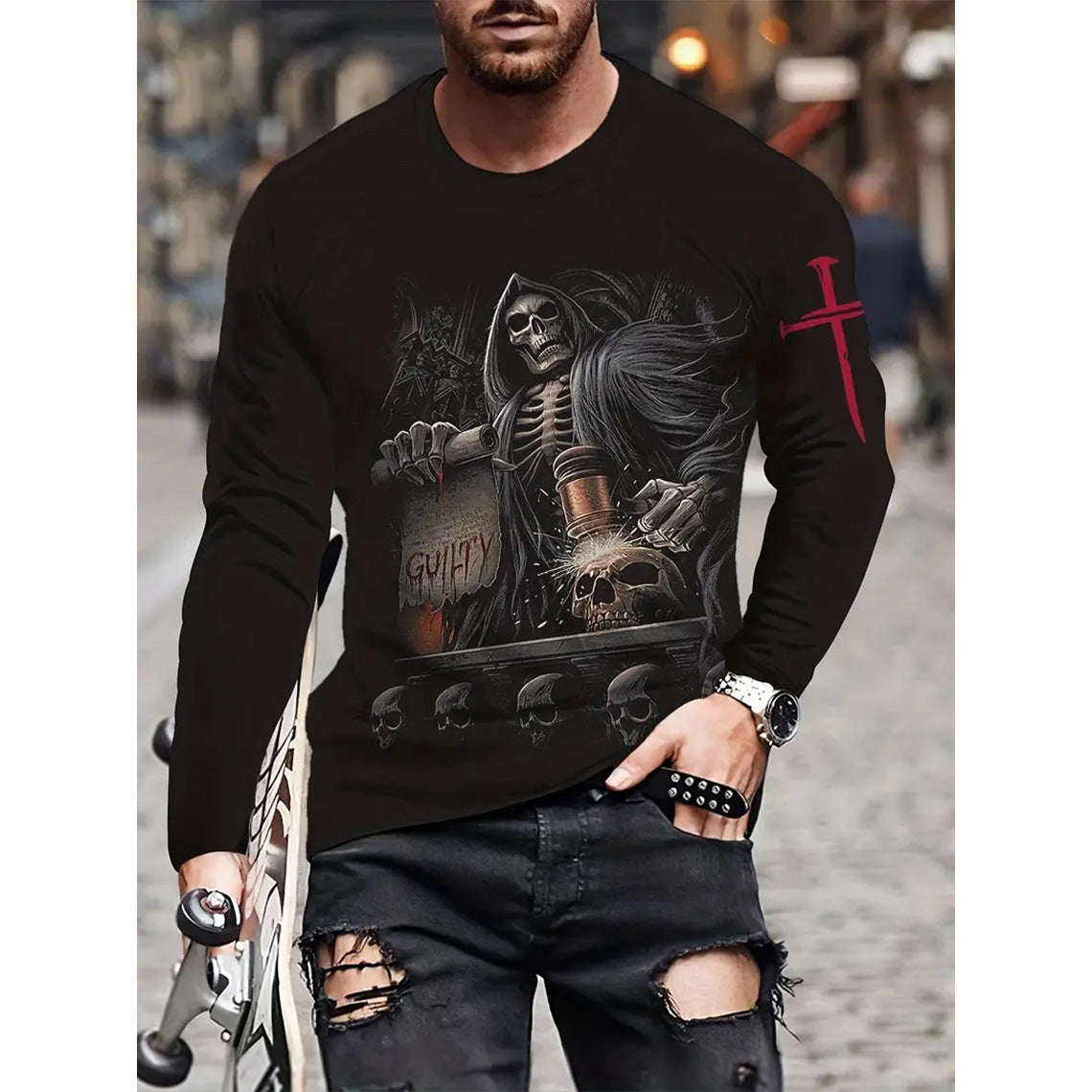 T-shirt rétro pour homme, imprimé 3D, style hip-hop, ample, col ras du cou, décontracté, manches longues