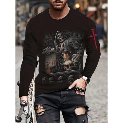 T-shirt rétro pour homme, imprimé 3D, style hip-hop, ample, col ras du cou, décontracté, manches longues