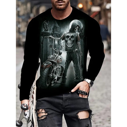 T-shirt rétro pour homme, imprimé 3D, style hip-hop, ample, col ras du cou, décontracté, manches longues