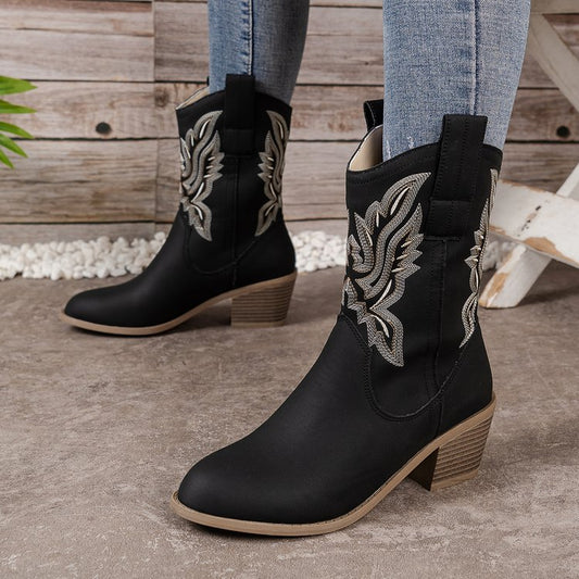 V Cut Embroidered Sleeve Thick Heel Middle Denim Women's Boots