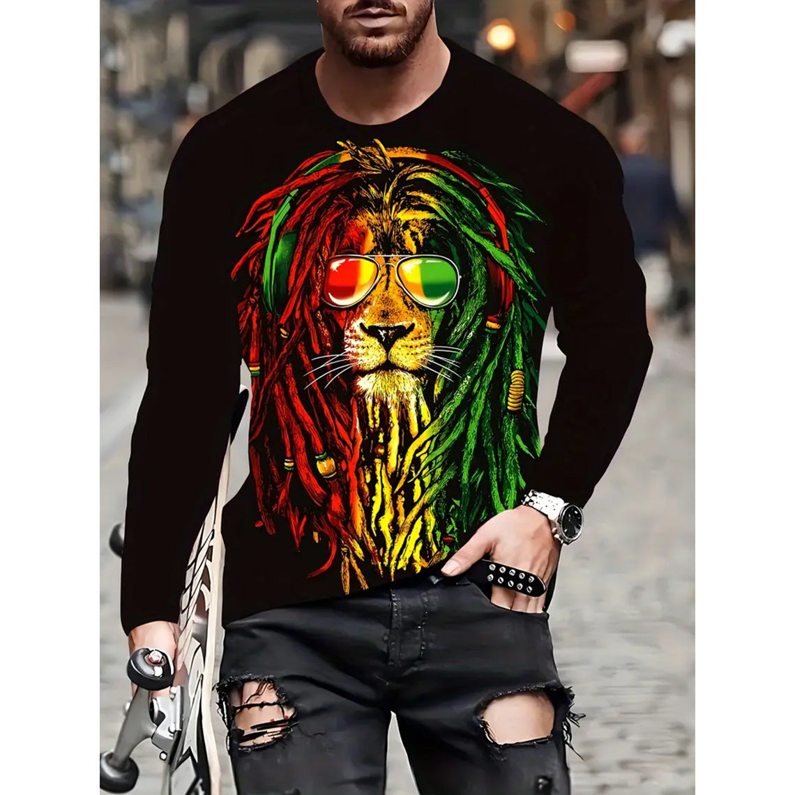 T-shirt rétro pour homme, imprimé 3D, style hip-hop, ample, col ras du cou, décontracté, manches longues