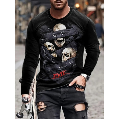 T-shirt rétro pour homme, imprimé 3D, style hip-hop, ample, col ras du cou, décontracté, manches longues