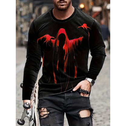 T-shirt rétro pour homme, imprimé 3D, style hip-hop, ample, col ras du cou, décontracté, manches longues