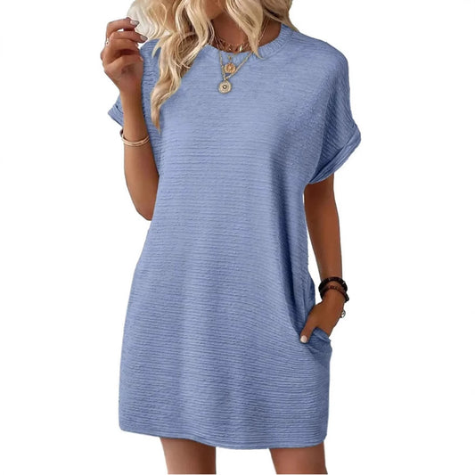 Robe ample à col rond et poches, couleur unie, manches courtes, pour femme