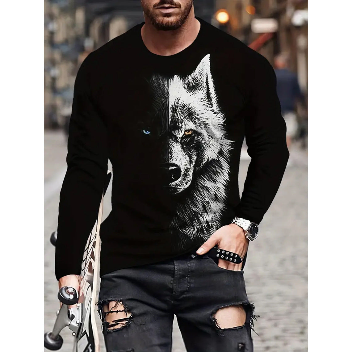 T-shirt rétro pour homme, imprimé 3D, style hip-hop, ample, col ras du cou, décontracté, manches longues
