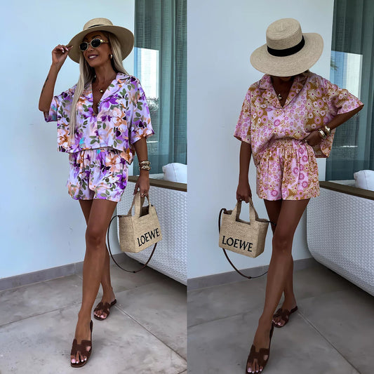 Costume deux pièces pour femme, col, short à manches courtes, imprimé tendance, décontracté