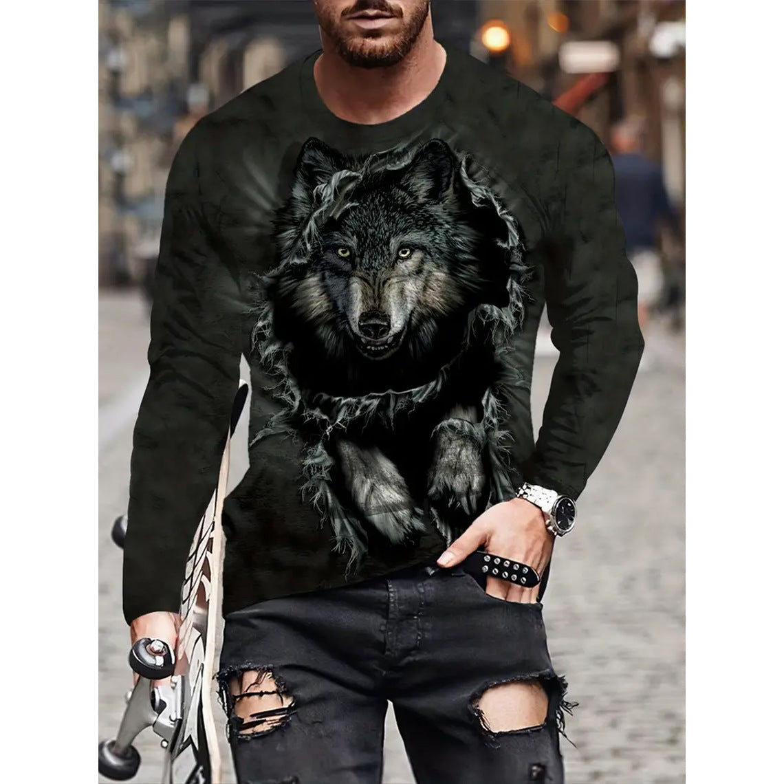 T-shirt rétro pour homme, imprimé 3D, style hip-hop, ample, col ras du cou, décontracté, manches longues