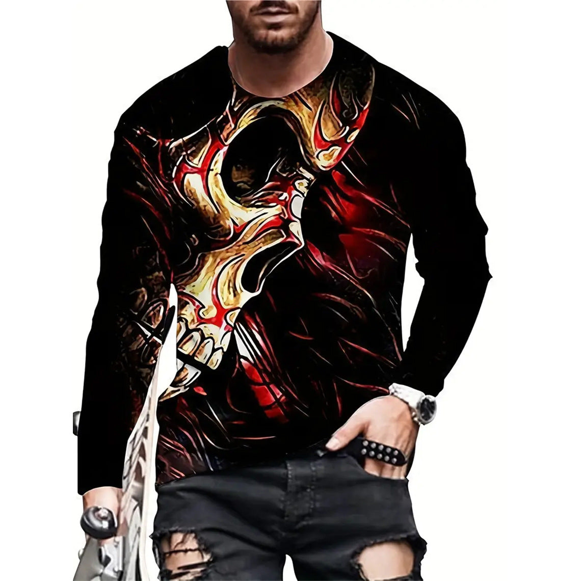 T-shirt rétro pour homme, imprimé 3D, style hip-hop, ample, col ras du cou, décontracté, manches longues