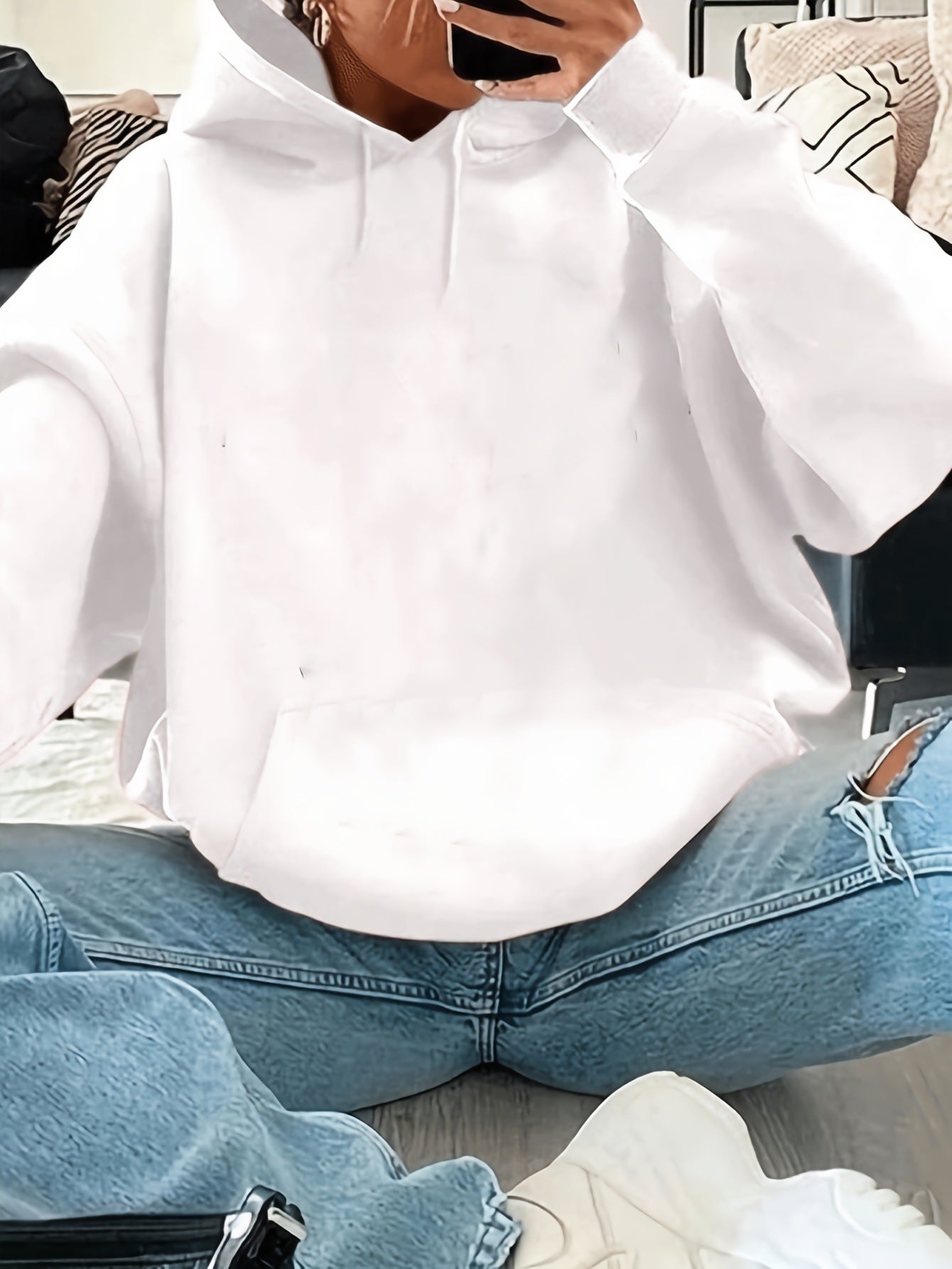 Pull ample à capuche et manches longues imprimé pour femme