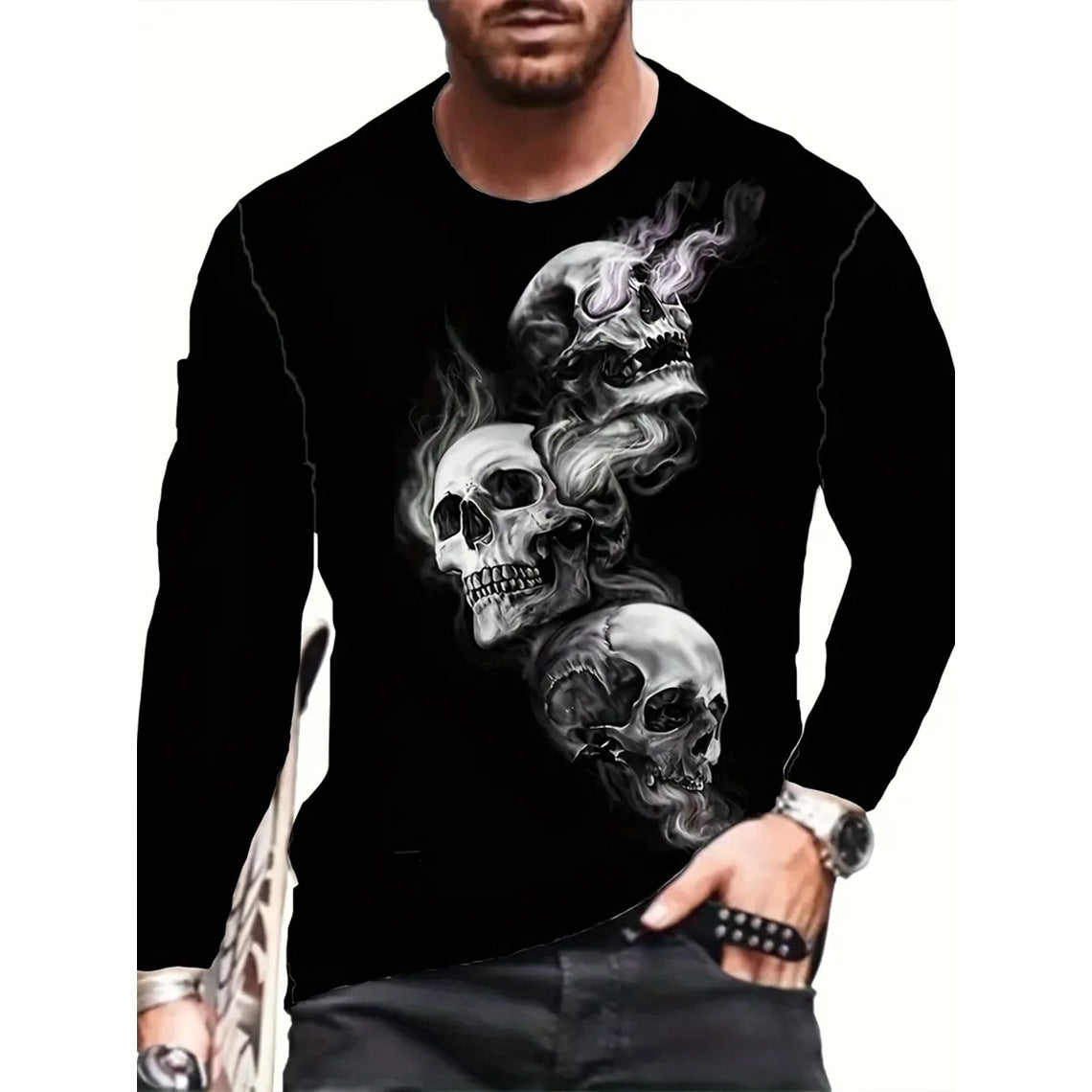 T-shirt rétro pour homme, imprimé 3D, style hip-hop, ample, col ras du cou, décontracté, manches longues