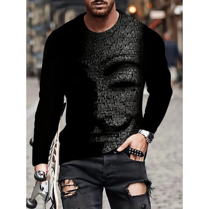 T-shirt rétro pour homme, imprimé 3D, style hip-hop, ample, col ras du cou, décontracté, manches longues