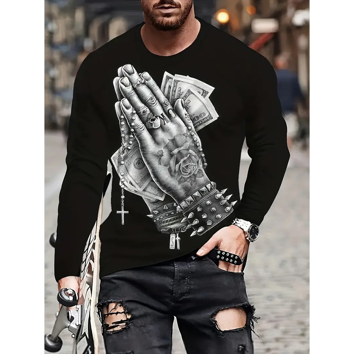 T-shirt rétro pour homme, imprimé 3D, style hip-hop, ample, col ras du cou, décontracté, manches longues