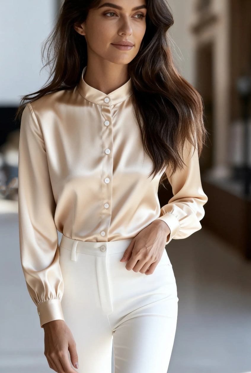 Autumn Solid Color Temperament Commuter Stand Collar Button Long Sleeve Shirt